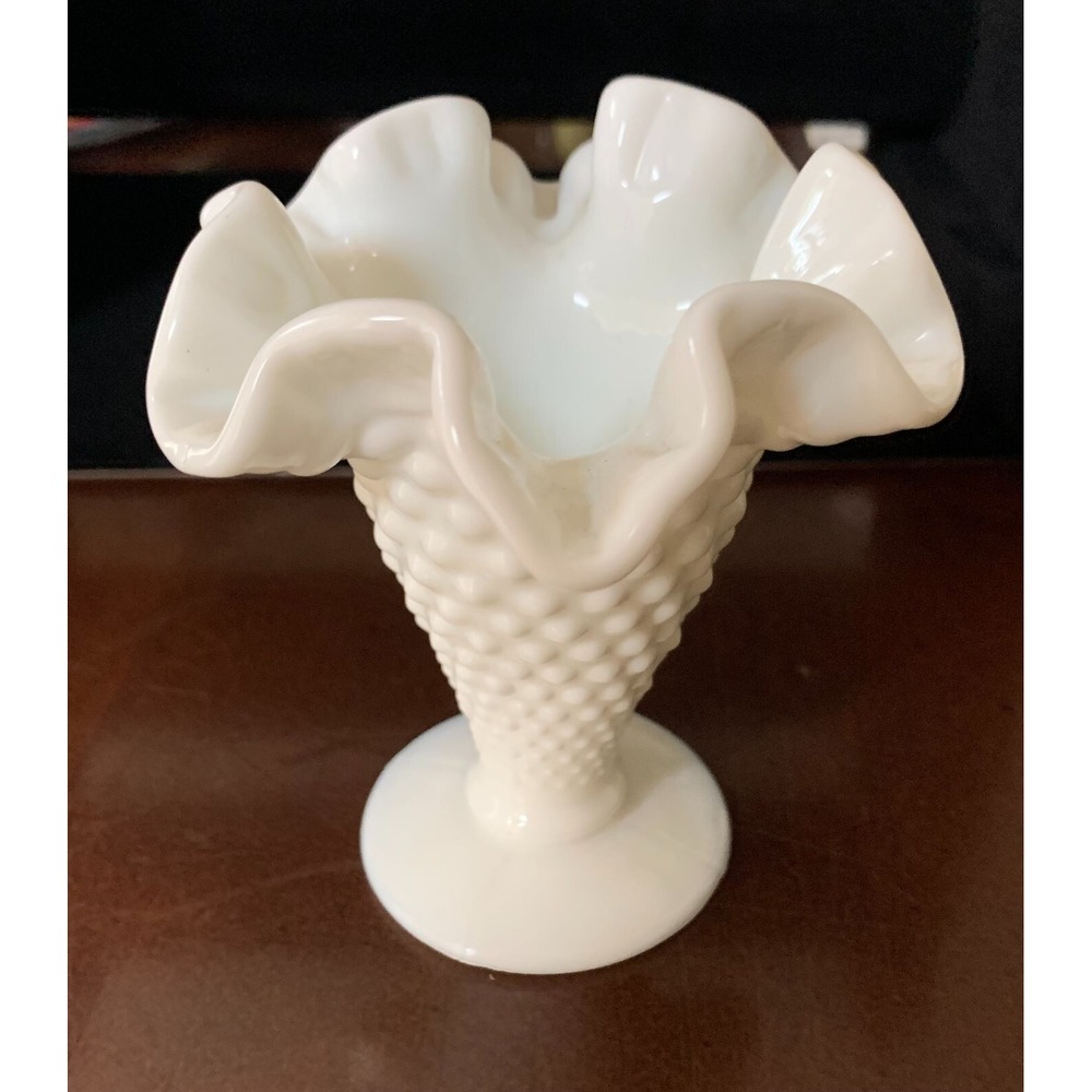 Vintage Fenton Hobnail Milk Glass Ruffled‎ Miniature Bud Vase 4"